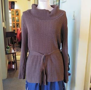 Jeanne Pierre Sweater Brown Belted Cable Knit Top